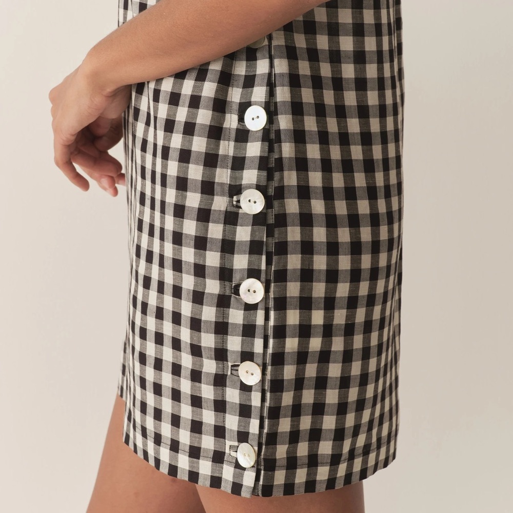 Doen Coralie Linen Button Sleeveless Mini Dress Marilyn Gingham Black White - Picture 3 of 12